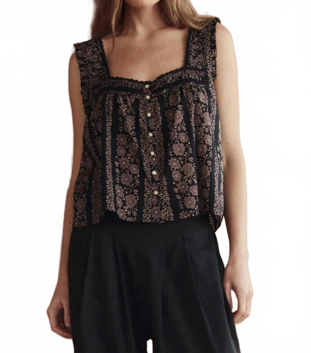 NEW THE GREAT. victorian pleat tank top in black/cream